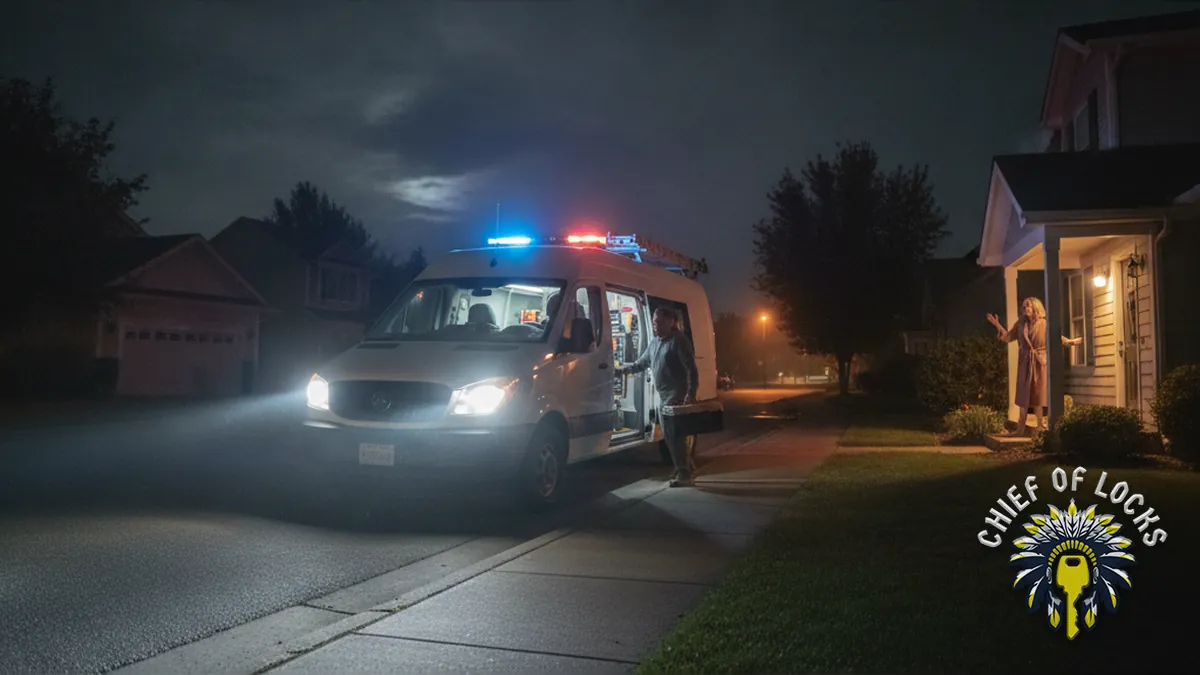 Emergency mobile locksmith van at night in Indianapolis, Indiana