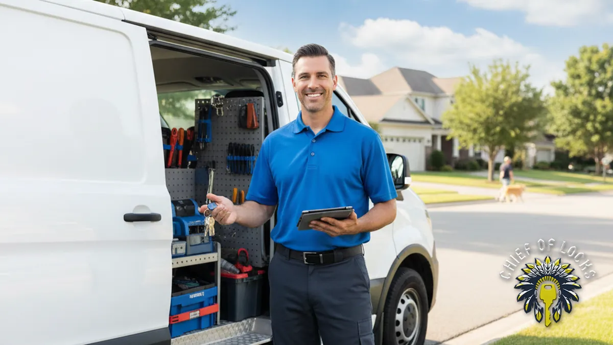 Professional mobile locksmith by a service van in Indianapolis, Indiana