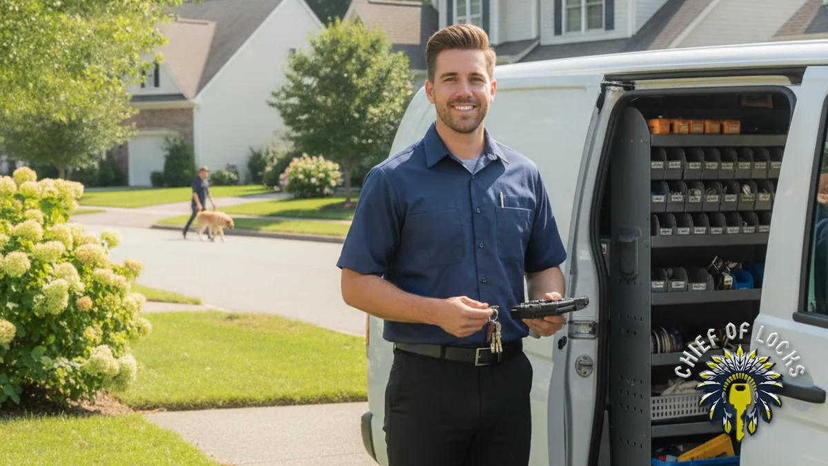 Professional mobile locksmith by a service van in Indianapolis, Indiana