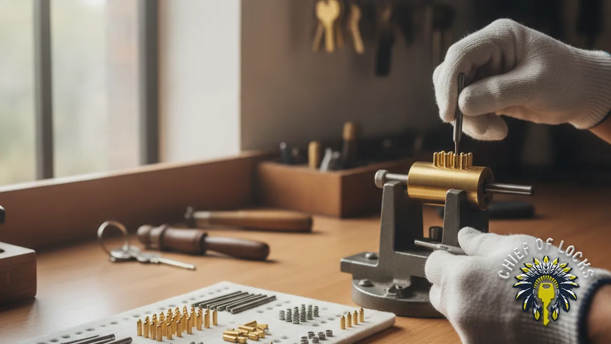 Locksmith rekeying a lock cylinder in Indianapolis, Indiana