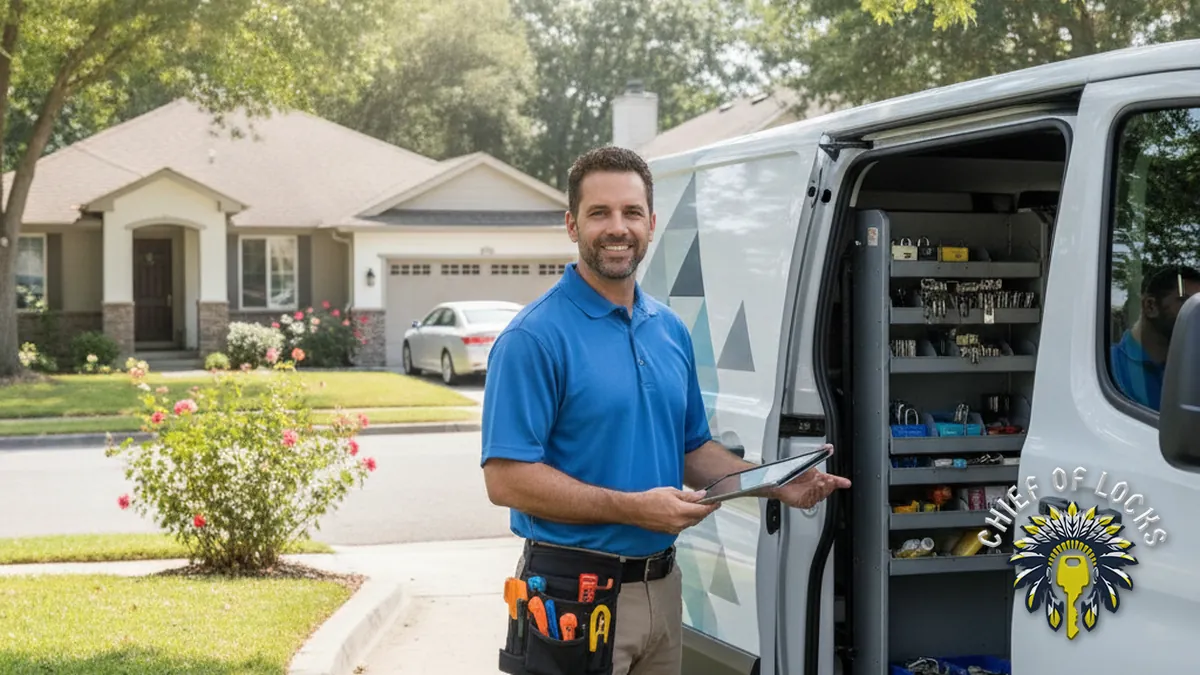 Professional mobile locksmith by a service van in Indianapolis, Indiana