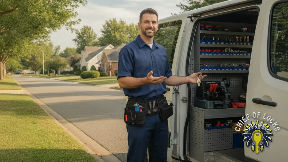 Professional mobile locksmith by a service van in Indianapolis, Indiana