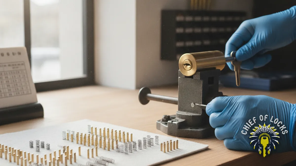 Locksmith rekeying a lock cylinder in Indianapolis, Indiana