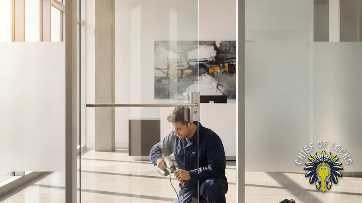Commercial locksmith at an office door in Indianapolis, Indiana