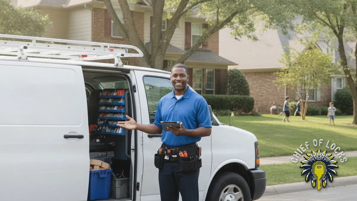 Professional mobile locksmith by a service van in Indianapolis, Indiana