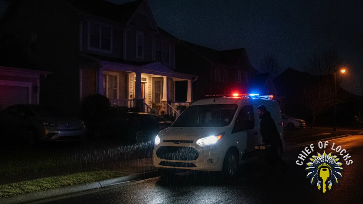 Emergency mobile locksmith van at night in Indianapolis, Indiana