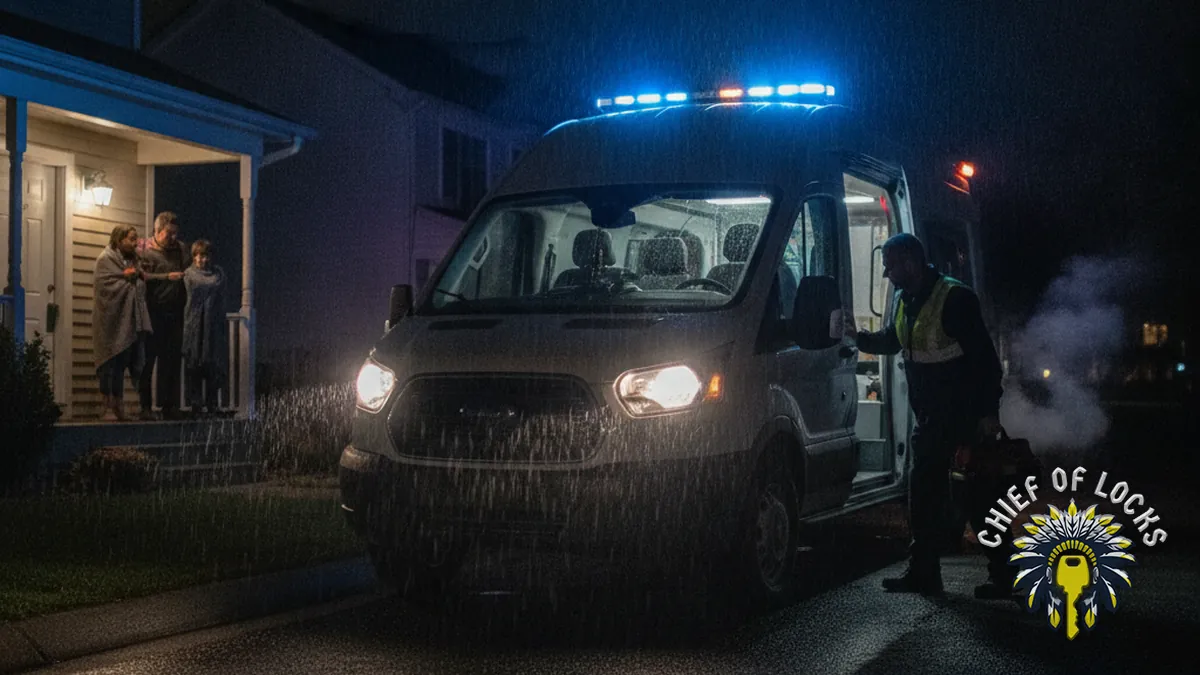 Emergency mobile locksmith van at night in Indianapolis, Indiana