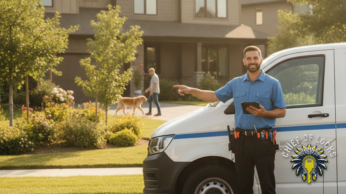 Professional mobile locksmith by a service van in Indianapolis, Indiana