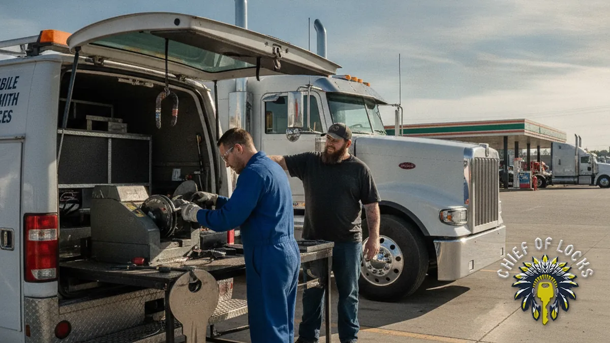 Semi truck locksmith making a key in Indianapolis, Indiana