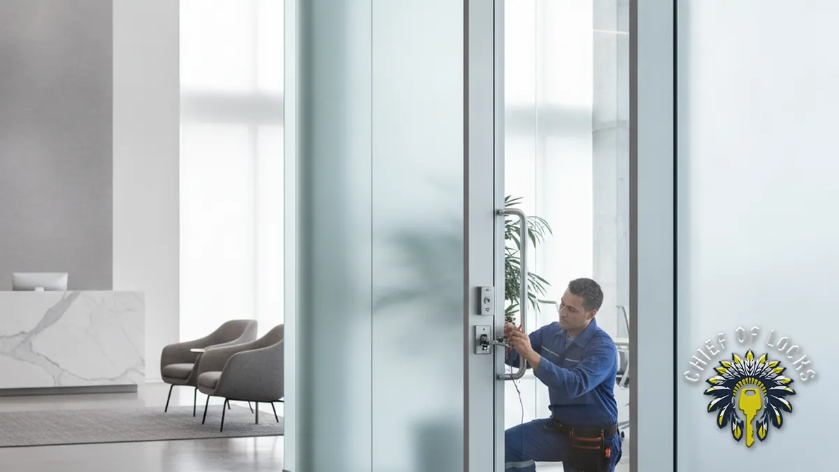 Commercial locksmith at an office door in Indianapolis, Indiana