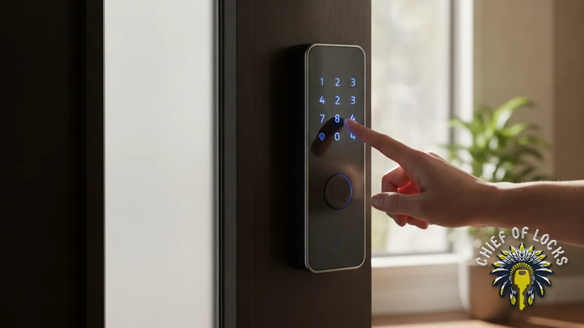 Smart lock keypad on a front door in Indianapolis, Indiana