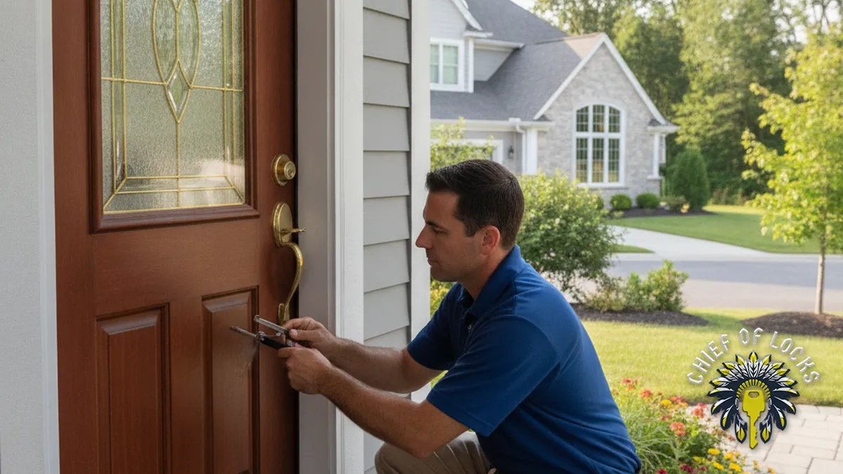 Residential locksmith at a front door in Indianapolis, Indiana
