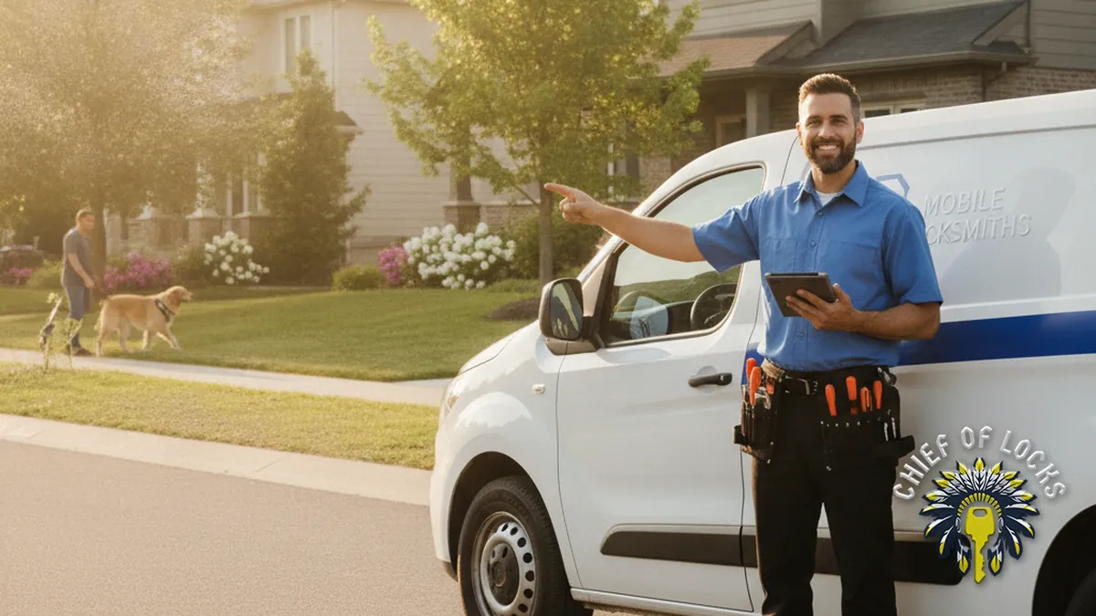 Professional mobile locksmith by a service van in Indianapolis, Indiana