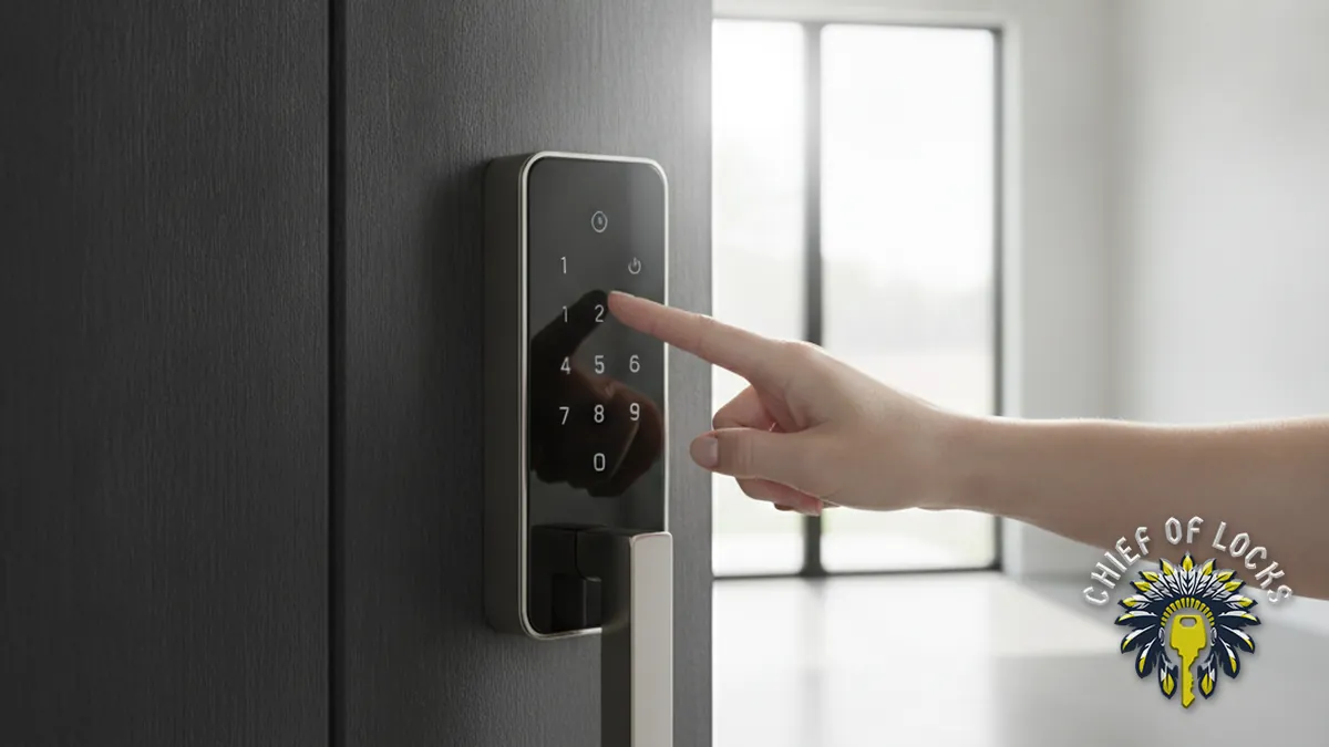 Smart lock keypad on a front door in Indianapolis, Indiana