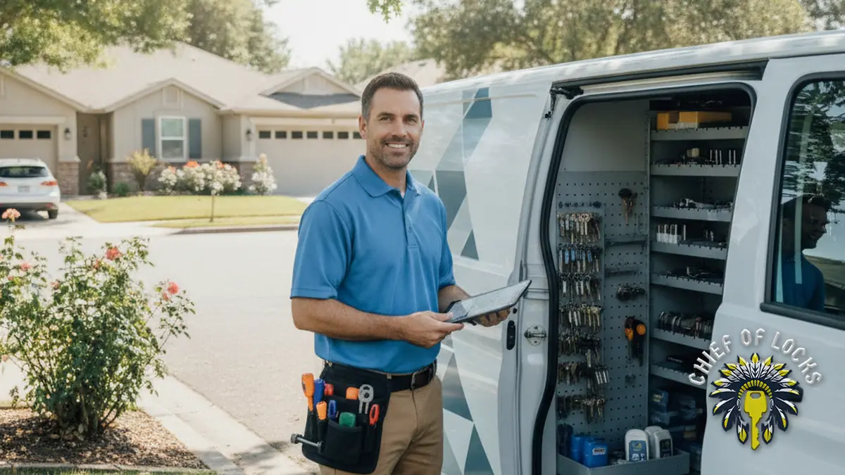 Professional mobile locksmith by a service van in Indianapolis, Indiana