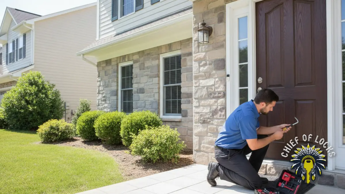 Residential locksmith at a front door in Indianapolis, Indiana