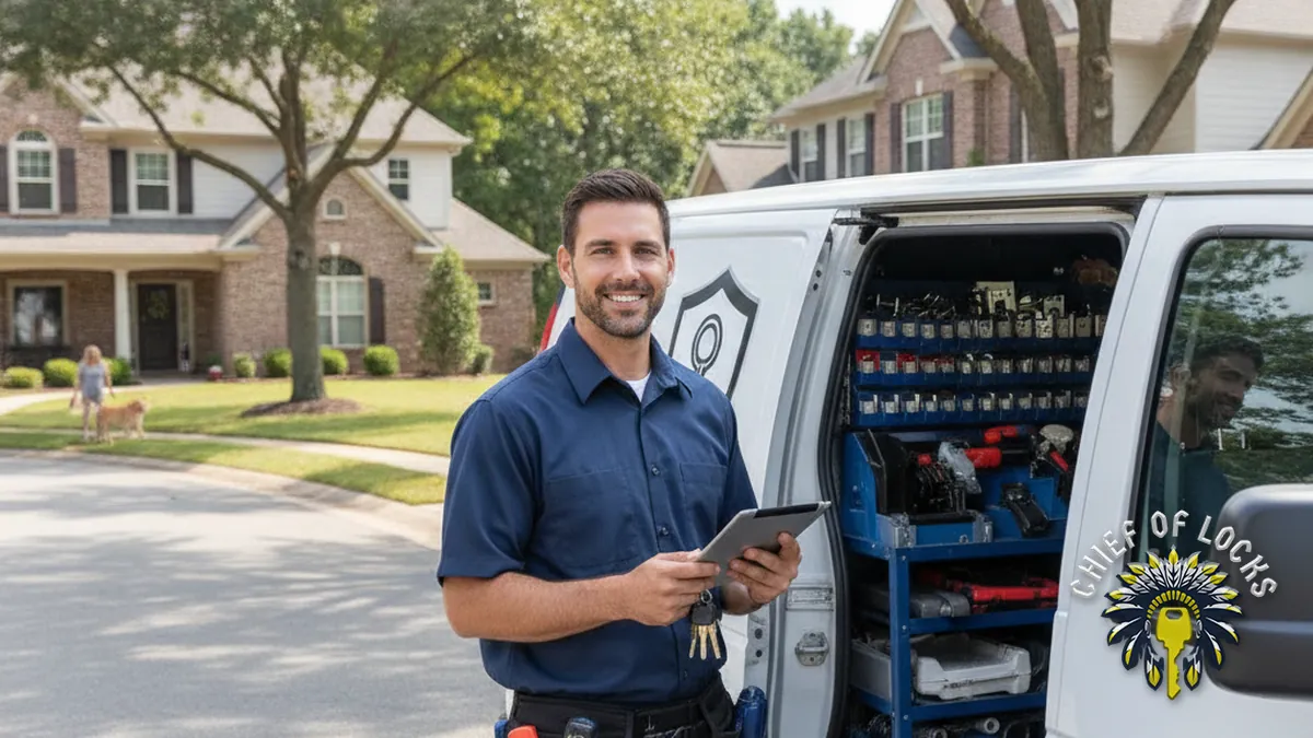Professional mobile locksmith by a service van in Indianapolis, Indiana