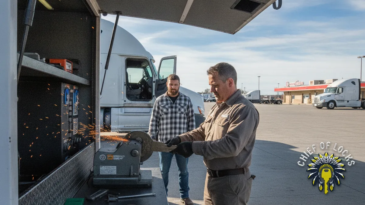 Semi truck locksmith making a key in Indianapolis, Indiana