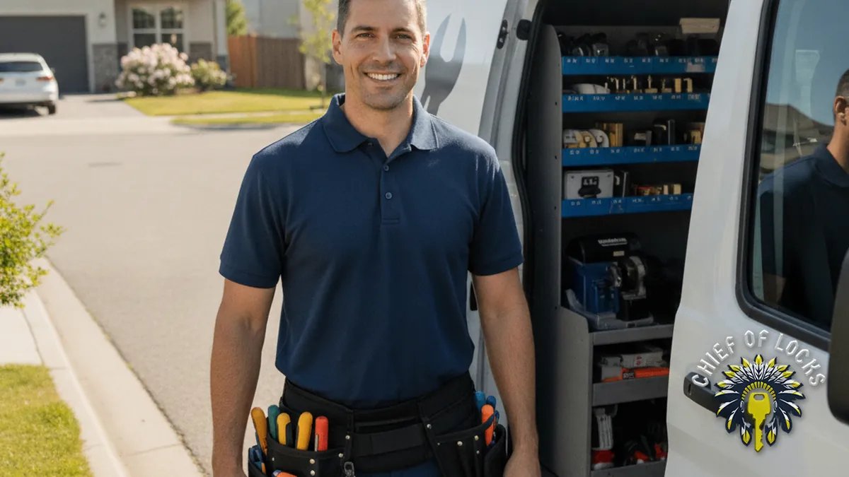 Professional mobile locksmith by a service van in Indianapolis, Indiana