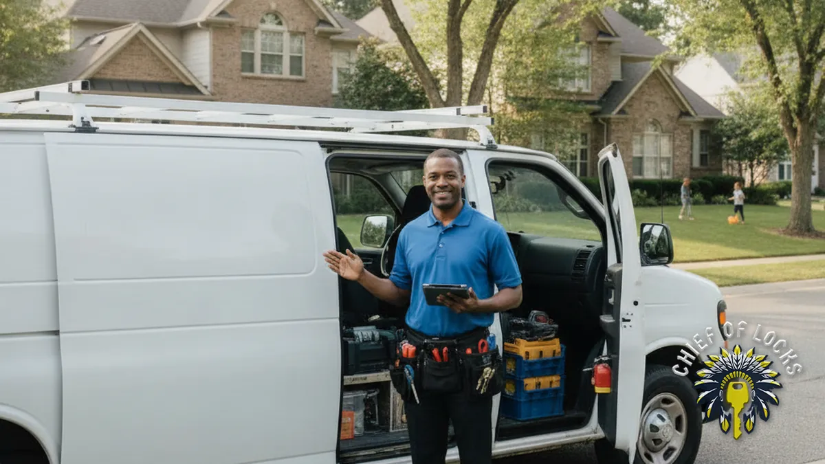 Professional mobile locksmith by a service van in Indianapolis, Indiana