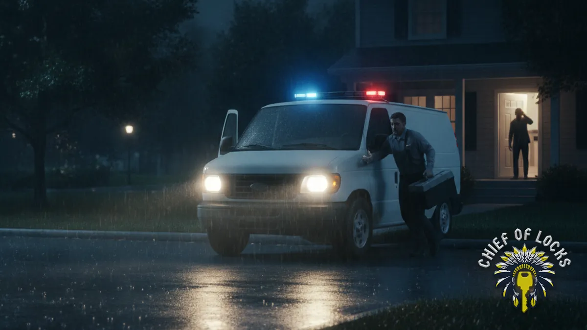Emergency mobile locksmith van at night in Indianapolis, Indiana