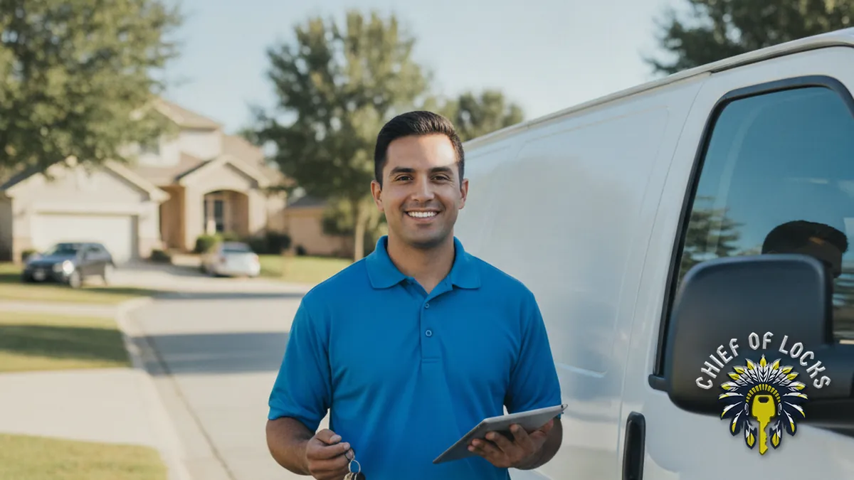 Professional mobile locksmith by a service van in Indianapolis, Indiana