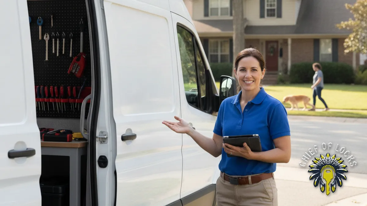 Professional mobile locksmith by a service van in Indianapolis, Indiana
