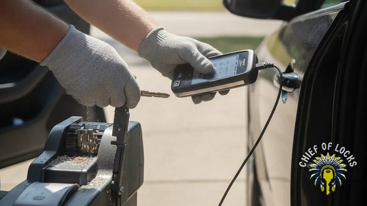 Mobile locksmith programming a replacement car key in Indianapolis