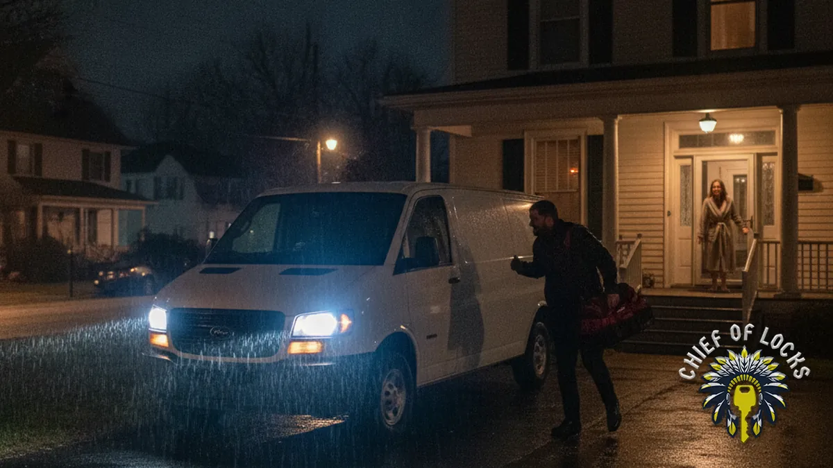 Emergency mobile locksmith van at night in Indianapolis, Indiana