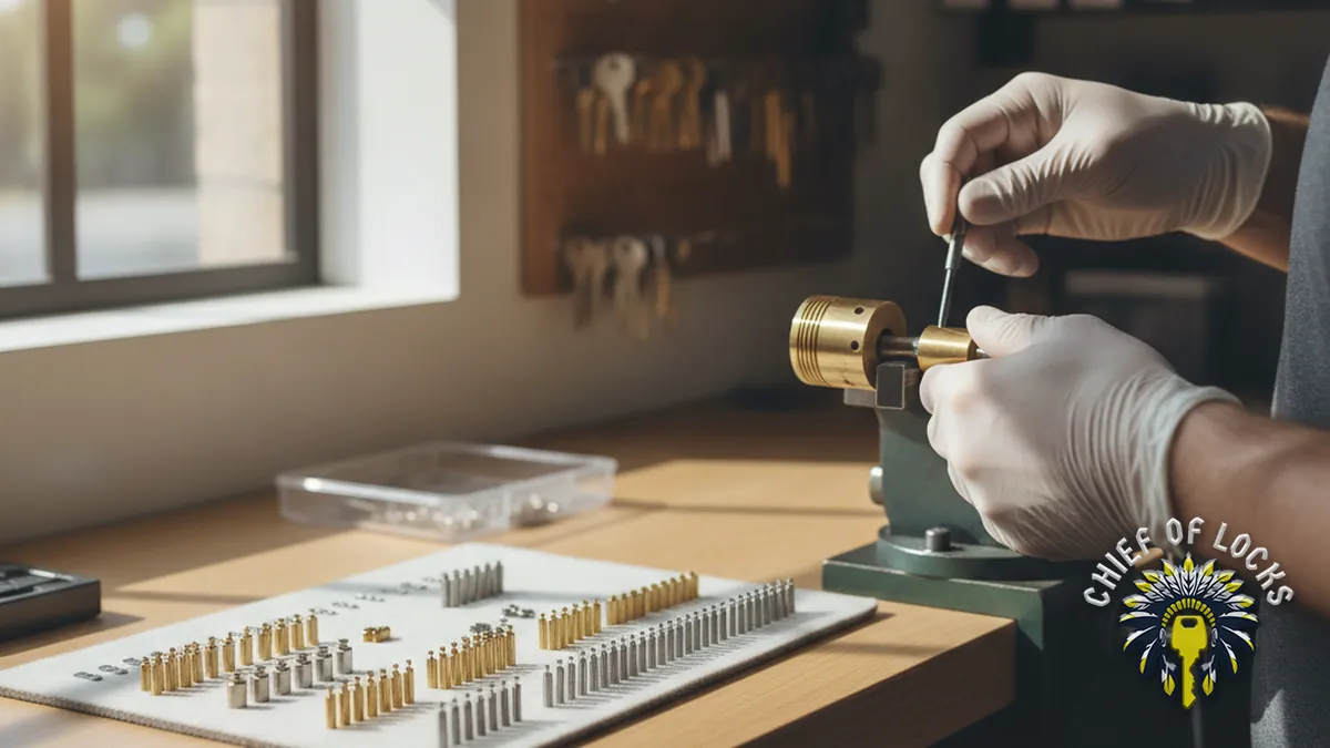 Locksmith rekeying a lock cylinder in Indianapolis, Indiana