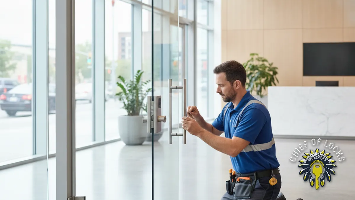 Commercial locksmith at an office door in Indianapolis, Indiana
