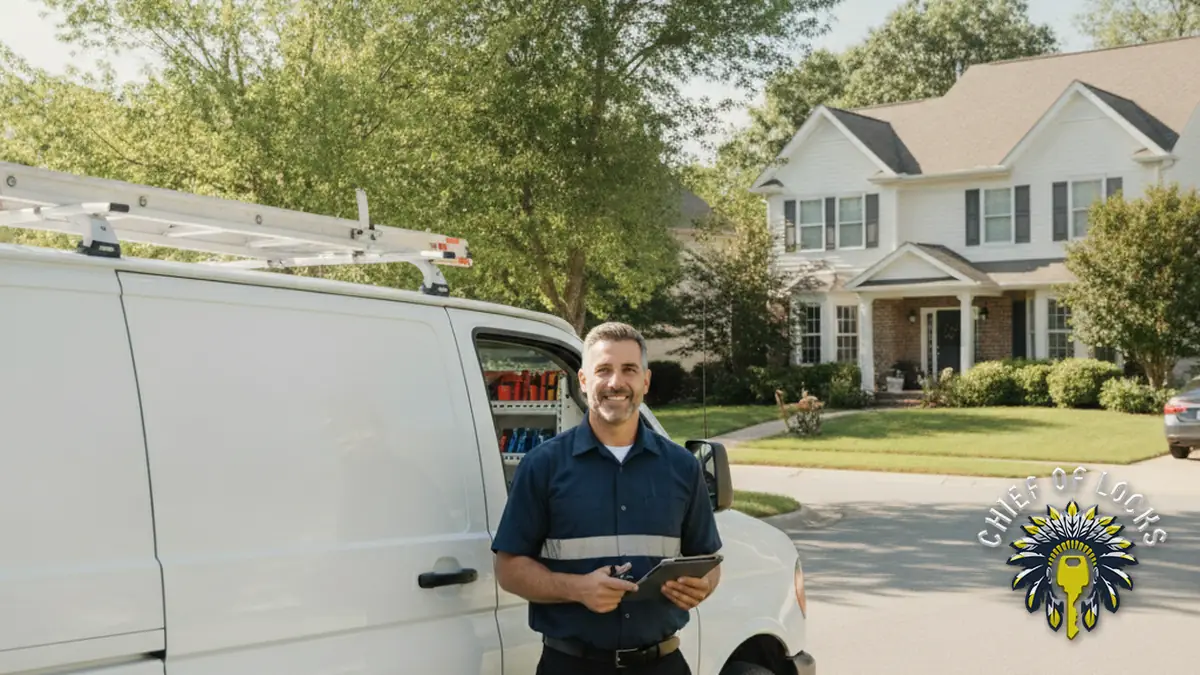 Professional mobile locksmith by a service van in Indianapolis, Indiana