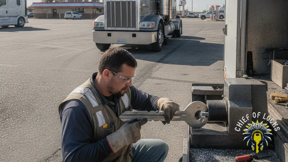 Semi truck locksmith making a key in Indianapolis, Indiana