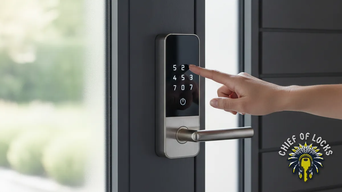 Smart lock keypad on a front door in Indianapolis, Indiana