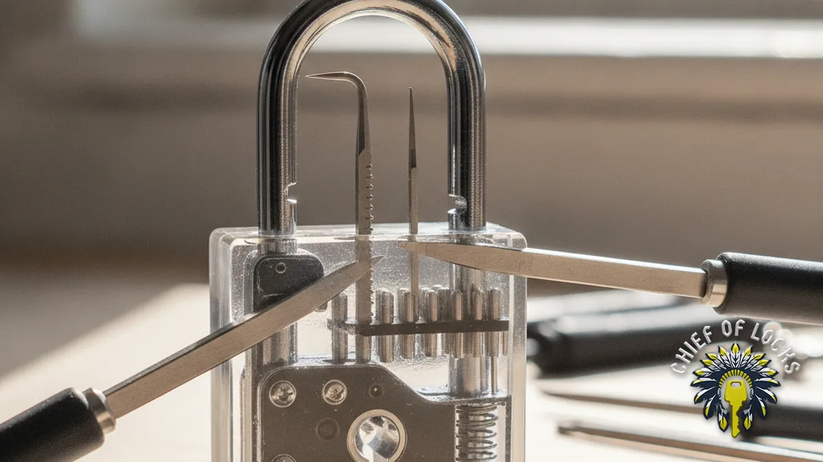 Lock picking tools in a practice lock in Indianapolis, Indiana