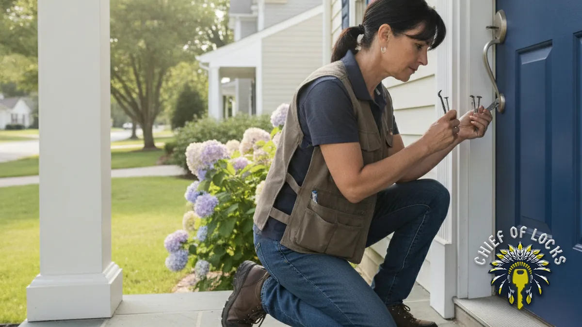Residential locksmith at a front door in Indianapolis, Indiana