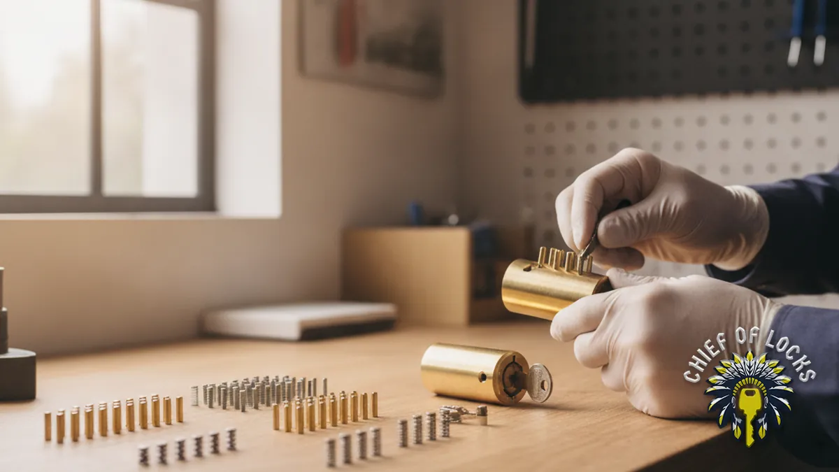 Locksmith rekeying a lock cylinder in Indianapolis, Indiana