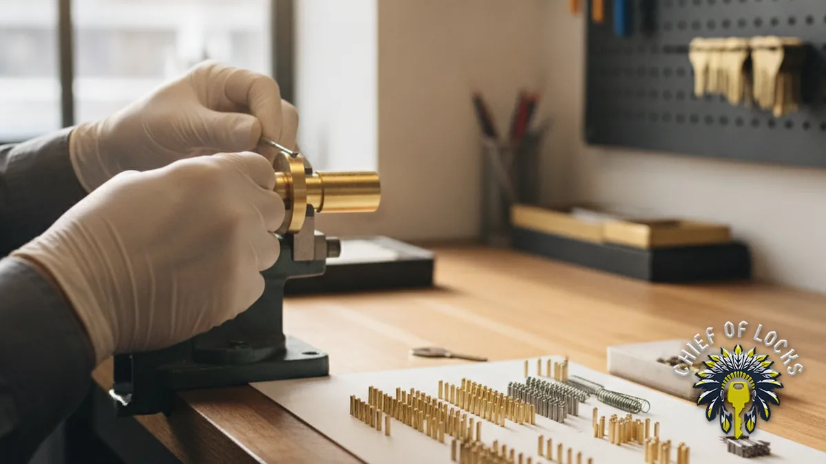 Locksmith rekeying a lock cylinder in Indianapolis, Indiana
