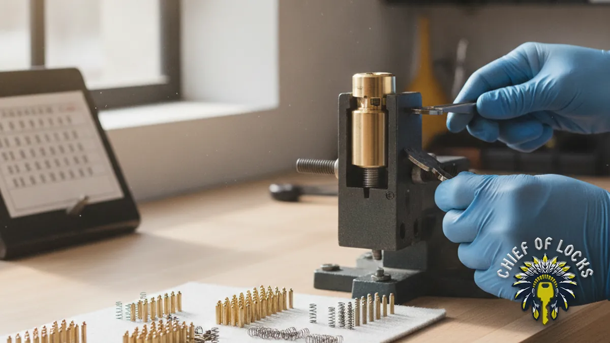Locksmith rekeying a lock cylinder in Indianapolis, Indiana