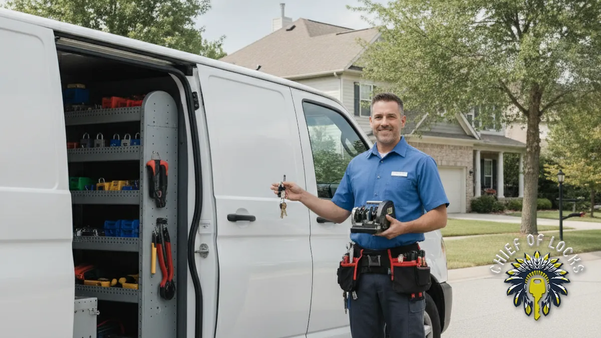 Professional mobile locksmith by a service van in Indianapolis, Indiana