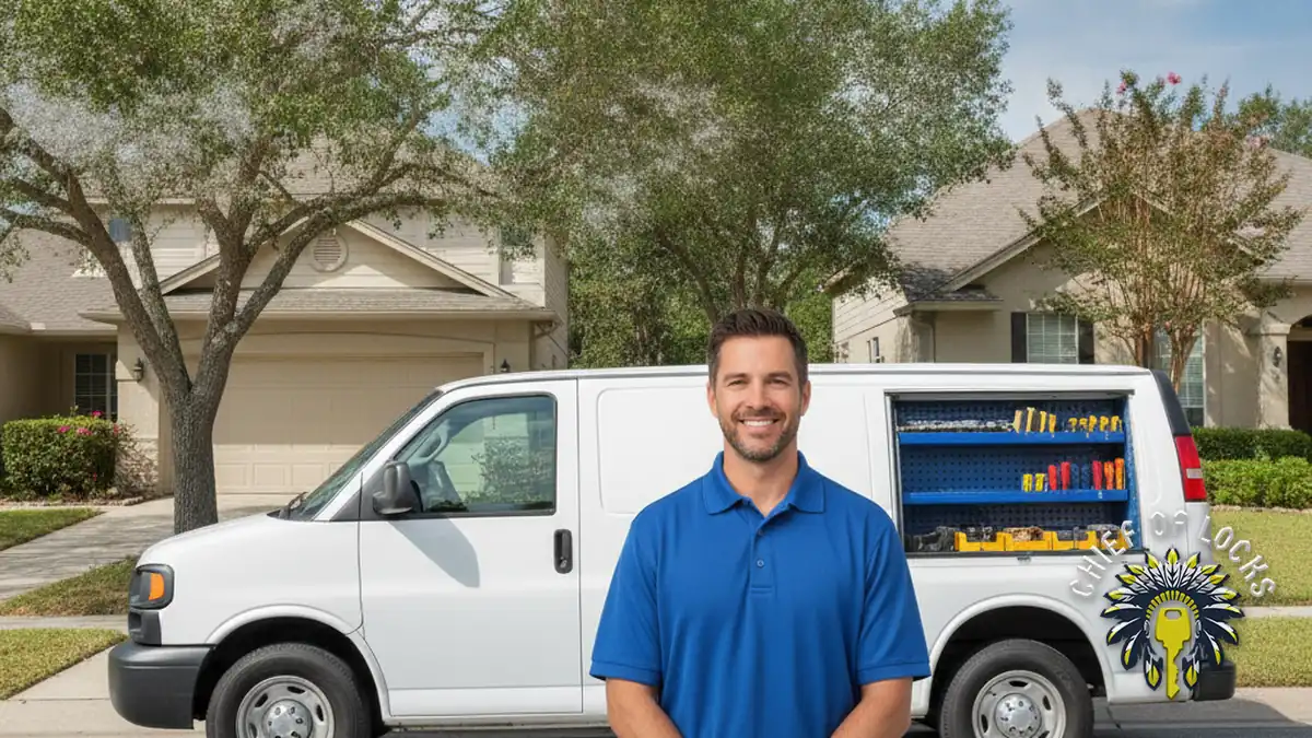 Professional mobile locksmith by a service van in Indianapolis, Indiana