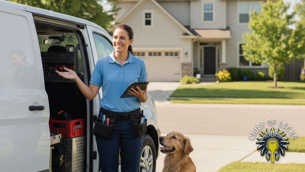Professional mobile locksmith by a service van in Indianapolis, Indiana