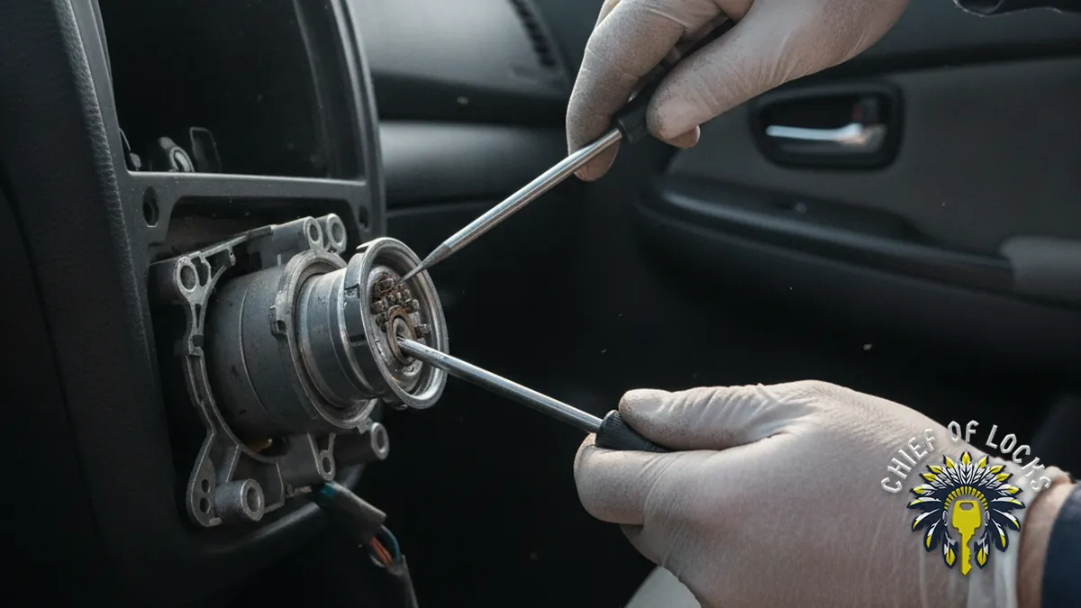 Locksmith repairing a car ignition in Indianapolis, Indiana