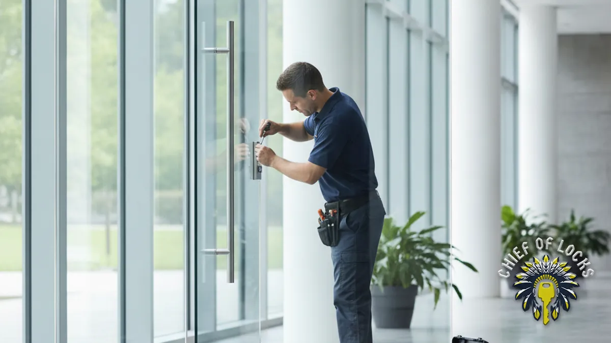 Commercial locksmith at an office door in Indianapolis, Indiana