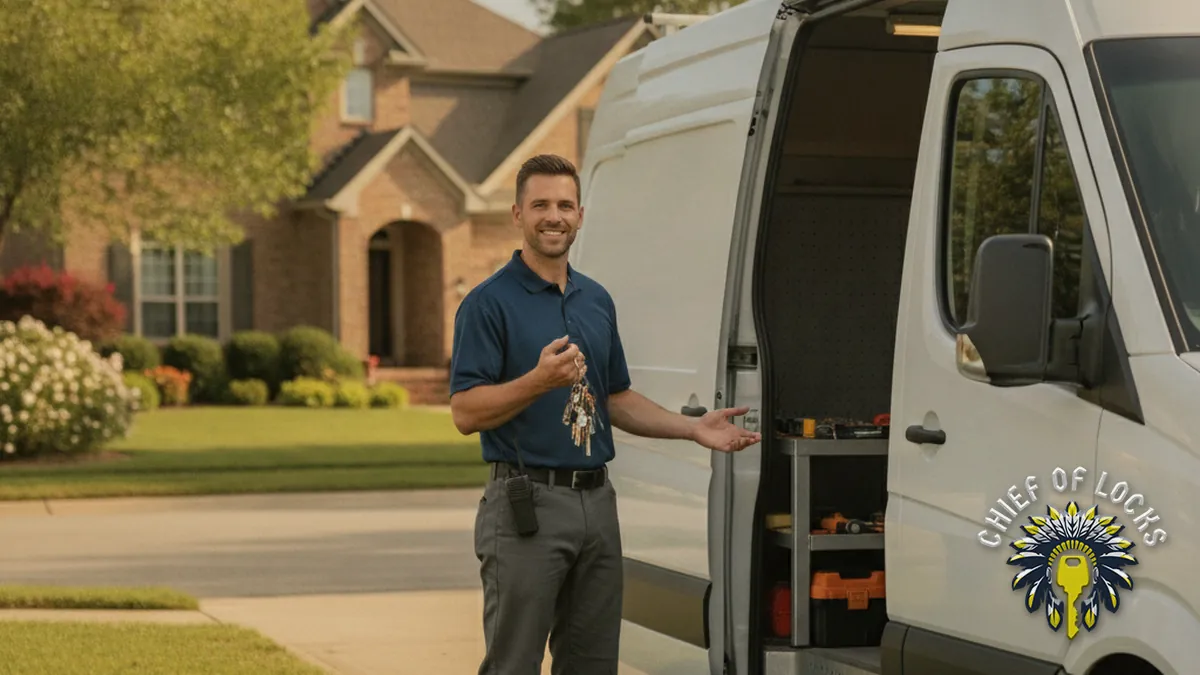 Professional mobile locksmith by a service van in Indianapolis, Indiana