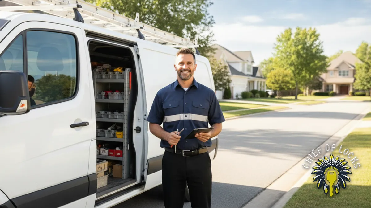 Professional mobile locksmith by a service van in Indianapolis, Indiana