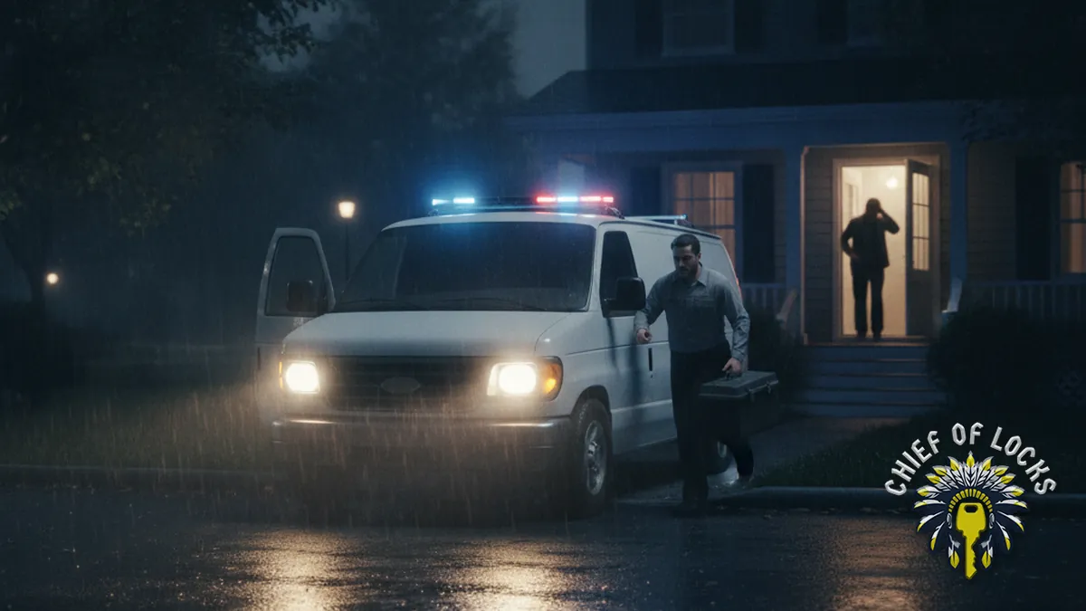 Emergency mobile locksmith van at night in Indianapolis, Indiana